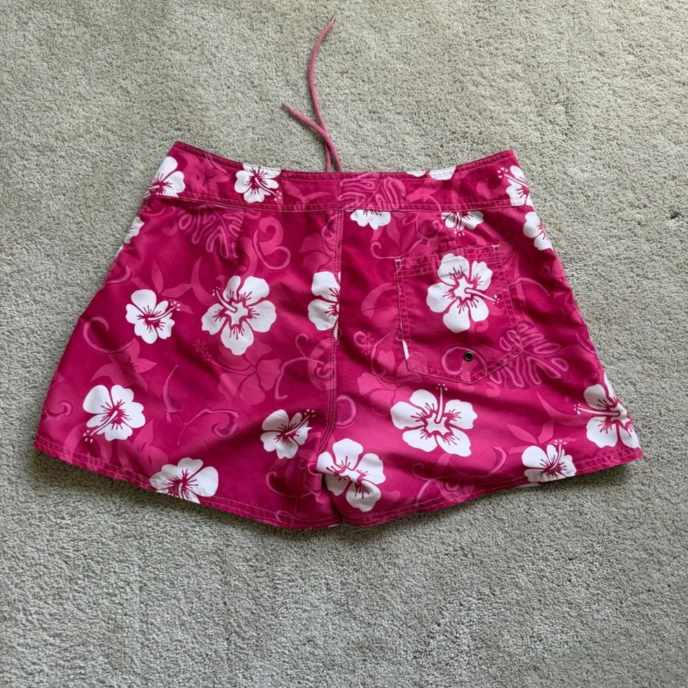 90's Hawaii Pink White Hibiscus Floral Board Shorts Swim Trunks Women Size 11
